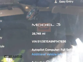 2022 Tesla Model 3 with VIN 5YJ3E1EA9NF147836, listed as a IAAI auction lot 41363603 with 28,748 mi miles. Bid and sale history available at carsss.com. Image 7.