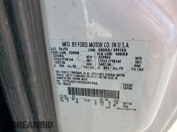 2003 Ford Super Duty F-250 XL with VIN 1FTNX21S93ED85966, listed as a Copart auction lot 71485154 with 114,837 mi miles and Salvage Title. Bid and sale history available at carsss.com. Image 13.
