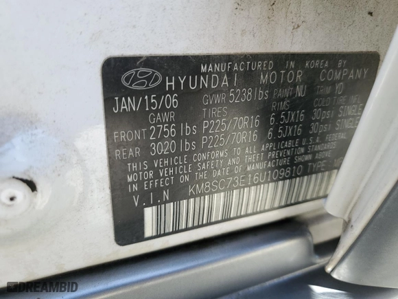 2006 Hyundai Santa Fe GLS with VIN KM8SC73E16U109810, listed as a Copart auction lot 58109304 with 262,562 mi miles and Salvage Title. Bid and sale history available at carsss.com. Image 13.