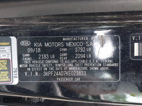 2019 Kia Forte LXS z VIN 3KPF24AD7KE023833, wystawiony jako IAAI lot #42373416 z przebiegiem 139 168 mil mil oraz . Historia ofert i sprzedaży dostępna na DreamBid. Obrazek 9.