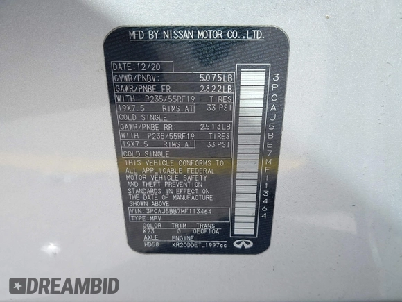 2021 Infiniti QX50 Luxe с VIN 3PCAJ5BB7MF113464, выставлен на аукционе IAAI как лот 41901603 с пробегом 103 631 миль миль и . История ставок и продаж доступна на DreamBid. Изображение 9.