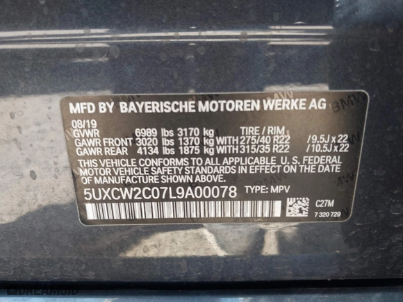 2020 BMW X7 xDrive40i with VIN 5UXCW2C07L9A00078, listed as a IAAI auction lot 41999850 with 59,711 mi miles. Bid and sale history available at carsss.com. Image 9.
