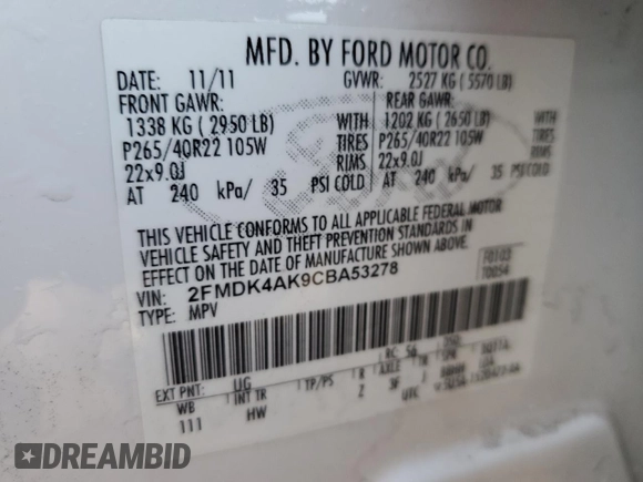 2012 Ford Edge Sport with VIN 2FMDK4AK9CBA53278, listed as a Copart auction lot 86869484 with 164,124 mi miles and Clean Title. Bid and sale history available at carsss.com. Image 13.