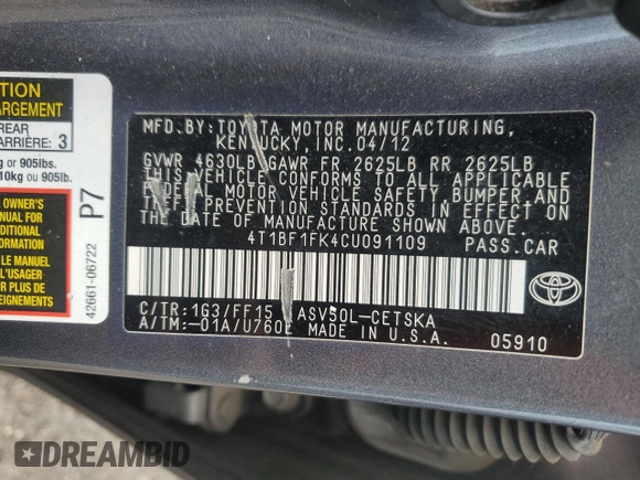 2012 Toyota Camry L with VIN 4T1BF1FK4CU091109, listed as a Copart auction lot 55153205 with 204,847 mi miles and Clean Title. Bid and sale history available at carsss.com. Image 12.