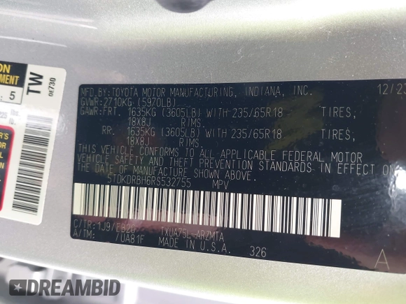 2024 Toyota Highlander LE with VIN 5TDKDRBH6RS532755, listed as a IAAI auction lot 42368462 with 8,337 mi miles and . Bid and sale history available at DreamBid. Image 9.