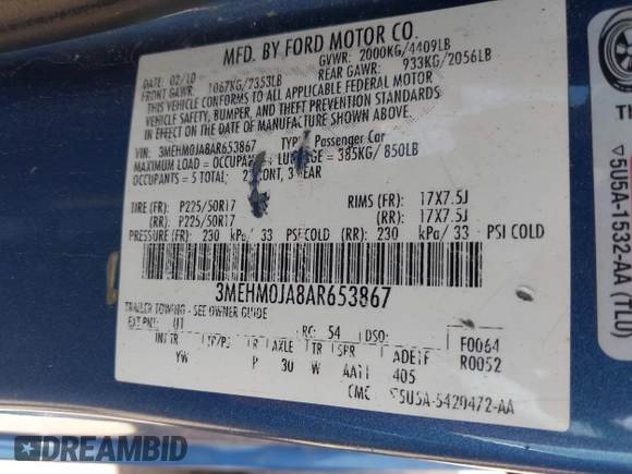 2010 Mercury Milan Premier with VIN 3MEHM0JA8AR653867, listed as a IAAI auction lot 42322027 with 291,977 mi miles and . Bid and sale history available at DreamBid. Image 9.