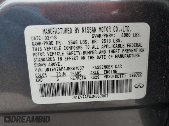 2018 Infiniti Q50 Luxe with VIN JN1EV7AP4JM367007, listed as a Copart auction lot 43413255 with 90,694 mi miles and Salvage title. Bid and sale history available at DreamBid. Image 12.