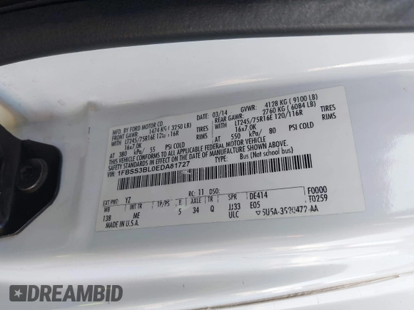 2014 Ford Econoline Passenger XL с VIN 1FBSS3BL0EDA81727, выставлен на аукционе IAAI как лот 41158204 с пробегом 493 524 миль миль и . История ставок и продаж доступна на DreamBid. Изображение 9.