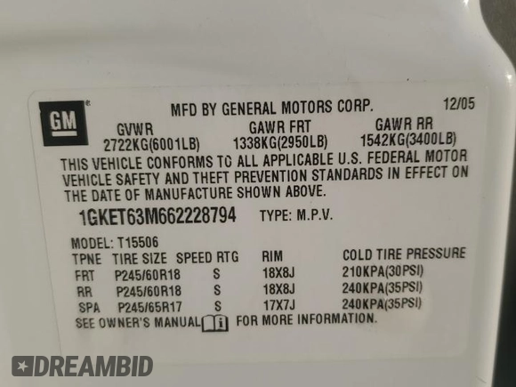 2006 GMC Envoy Denali with VIN 1GKET63M662228794, listed as a Copart auction lot 70802804 with 134,323 mi miles and Salvage Title. Bid and sale history available at DreamBid. Image 15.