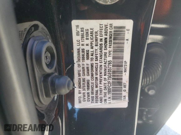 2016 Honda Civic Sedan EX with VIN 19XFC2F75GE057765, listed as a Copart auction lot 48829965 with 166,049 mi miles and Salvage Title. Bid and sale history available at carsss.com. Image 15.