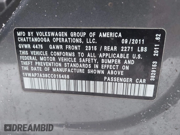 2012 Volkswagen Passat S w/Appearance with VIN 1VWAP7A38CC015458, listed as a IAAI auction lot 41489668 with 159,222 mi miles. Bid and sale history available at carsss.com. Image 9.