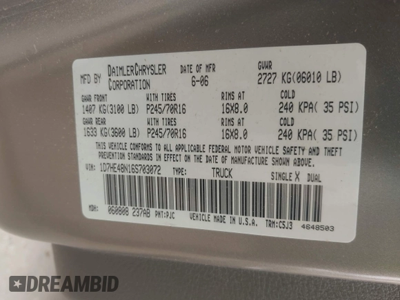 2006 Dodge Dakota SLT with VIN 1D7HE48N16S703072, listed as a IAAI auction lot 42156709 with 102,919 mi miles. Bid and sale history available at carsss.com. Image 9.