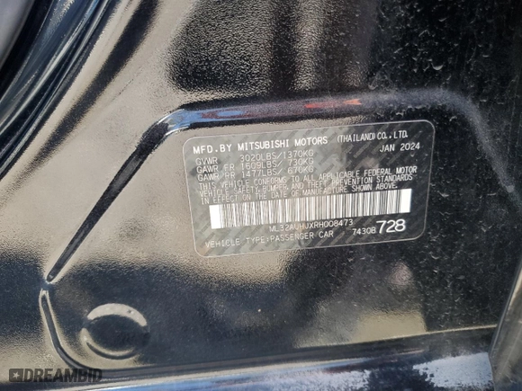 2024 Mitsubishi Mirage ES with VIN ML32AUHJXRH008473, listed as a Copart auction lot 43850115 with 5,660 mi miles and Salvage Title. Bid and sale history available at carsss.com. Image 12.