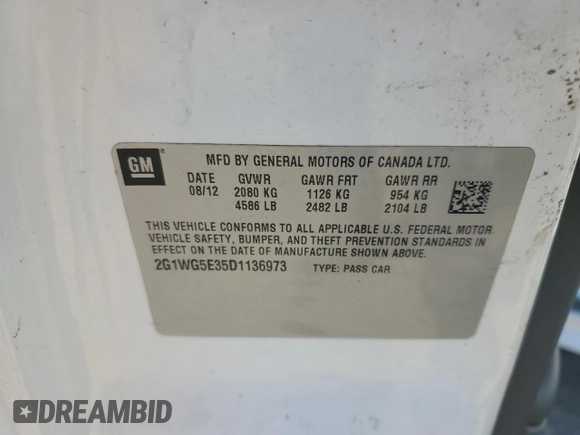2013 Chevrolet Impala LT with VIN 2G1WG5E35D1136973, listed as a Copart auction lot 53950725 with 121,026 mi miles and Salvage Title. Bid and sale history available at DreamBid. Image 12.