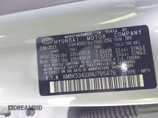 2022 Hyundai Kona Limited with VIN KM8K53A3XNU795476, listed as a IAAI auction lot 41172280 with 13,684 mi miles. Bid and sale history available at carsss.com. Image 9.