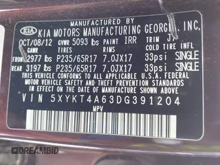 2013 Kia Sorento LX with VIN 5XYKT4A63DG391204, listed as a IAAI auction lot 42772716 with 84,793 mi miles and . Bid and sale history available at DreamBid. Image 9.