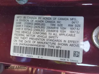 2017 Honda CR-V EX-L with VIN 2HKRW2H84HH638150, listed as a IAAI auction lot 41828859 with Not Provided miles. Bid and sale history available at carsss.com. Image 9.