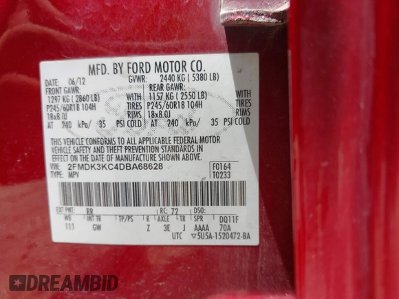 2013 Ford Edge Limited с VIN 2FMDK3KC4DBA68628, выставлен на аукционе IAAI как лот 42549479 с пробегом 176 846 миль миль и . История ставок и продаж доступна на DreamBid. Изображение 9.