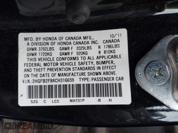 2012 Honda Civic EX with VIN 2HGFB2F84CH316659, listed as a IAAI auction lot 42217190 with 124,198 mi miles and . Bid and sale history available at DreamBid. Image 9.