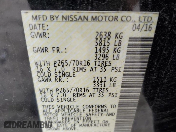 2016 Nissan Frontier Pro-4X with VIN 1N6AD0EV8GN758370, listed as a Copart auction lot 51319915 with 108,972 mi miles and Salvage title. Bid and sale history available at DreamBid. Image 12.