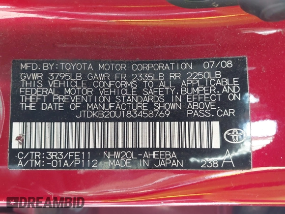 2008 Toyota Prius z VIN JTDKB20U183458769, wystawiony jako IAAI lot #42032392 z przebiegiem Nie podano mil oraz . Historia ofert i sprzedaży dostępna na DreamBid. Obrazek 9.