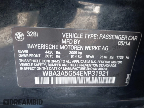 2014 BMW 3 Series 328i z VIN WBA3A5G54ENP31921, wystawiony jako IAAI lot #42374240 z przebiegiem 148 671 mil mil oraz . Historia ofert i sprzedaży dostępna na DreamBid. Obrazek 9.