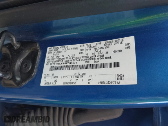 2016 Ford F-150 XL with VIN 1FTEW1CF9GKD45231, listed as a IAAI auction lot 41346634 with 126,885 mi miles and . Bid and sale history available at DreamBid. Image 9.