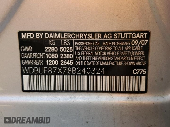 2008 Mercedes-Benz E 350 Luxury with VIN WDBUF87X78B240324, listed as a Copart auction lot 79126734 with 5,758 mi miles and Salvage Title. Bid and sale history available at DreamBid. Image 12.