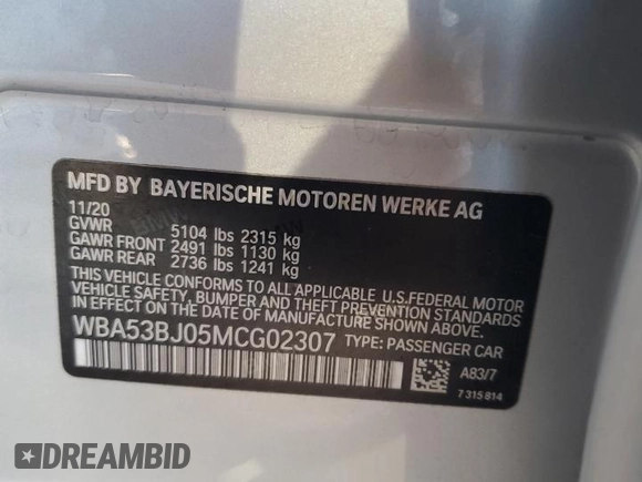 2021 BMW 5 Series 540i with VIN WBA53BJ05MCG02307, listed as a Copart auction lot 48250365 with 29,787 mi miles and Salvage Title. Bid and sale history available at DreamBid. Image 12.
