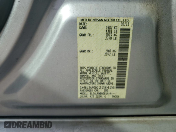 2013 Nissan Altima S with VIN 1N4BL3AP0DC228426, listed as a Copart auction lot 56742705 with 183,879 mi miles and Salvage title. Bid and sale history available at DreamBid. Image 12.