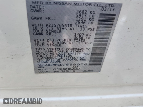 2013 Nissan Pathfinder SL with VIN 5N1AR2MM1DC659076, listed as a IAAI auction lot 41886397 with Not provided miles and . Bid and sale history available at DreamBid. Image 9.