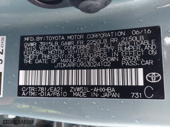2016 Toyota Prius Four with VIN JTDKARFU9G3024102, listed as a IAAI auction lot 41503706 with 51,286 mi miles. Bid and sale history available at carsss.com. Image 9.