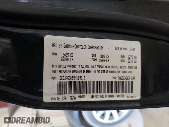 2005 Chrysler 300 C z VIN 2C3JA63H55H119210, wystawiony jako Copart lot #54727045 z przebiegiem 148 202 mil mil oraz Szkoda całkowita • Salvage title. Historia ofert i sprzedaży dostępna na DreamBid. Obrazek 12.