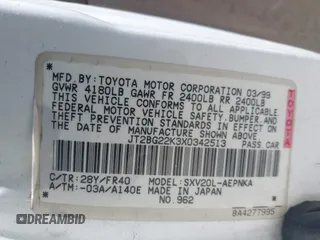 1999 Toyota Camry LE z VIN JT2BG22K3X0342513, wystawiony jako IAAI lot #42371033 z przebiegiem 159 894 mil mil oraz . Historia ofert i sprzedaży dostępna na DreamBid. Obrazek 9.