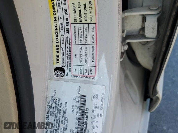2010 Mercury Milan Premier with VIN 3MEHM0JA8AR663119, listed as a Copart auction lot 61850955 with 106,205 mi miles and Salvage title. Bid and sale history available at DreamBid. Image 12.