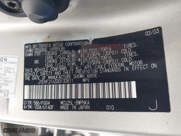 2003 Toyota Highlander with VIN JTEHF21A330133811, listed as a IAAI auction lot 41809283 with 267,024 mi miles. Bid and sale history available at carsss.com. Image 9.