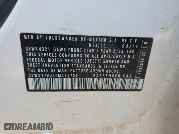 2015 Volkswagen Jetta SE with VIN 3VWD17AJ3FM225739, listed as a Copart auction lot 53985195 with 157,989 mi miles and Salvage title. Bid and sale history available at DreamBid. Image 12.