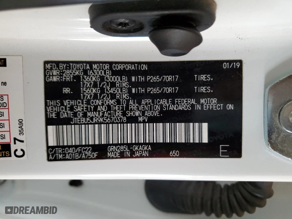 2019 Toyota 4Runner SR5 with VIN JTEBU5JR9K5670378, listed as a Copart auction lot 43550035 with 93,744 mi miles and Salvage Title. Bid and sale history available at carsss.com. Image 12.