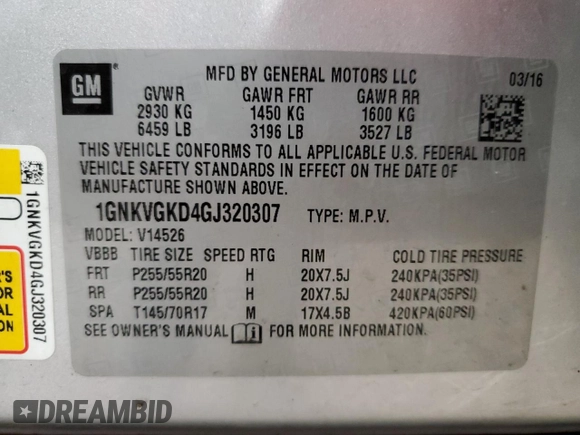 2016 Chevrolet Traverse LT with VIN 1GNKVGKD4GJ320307, listed as a Copart auction lot 56347645 with 113,336 mi miles and Clean Title. Bid and sale history available at DreamBid. Image 13.