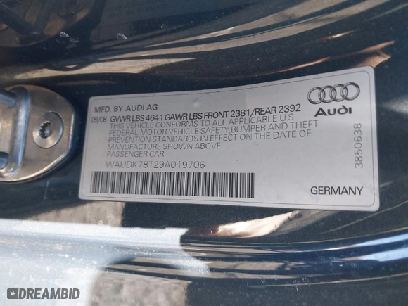 2009 Audi A5 with VIN WAUDK78T29A019706, listed as a IAAI auction lot 41697518 with 136,722 mi miles. Bid and sale history available at carsss.com. Image 9.