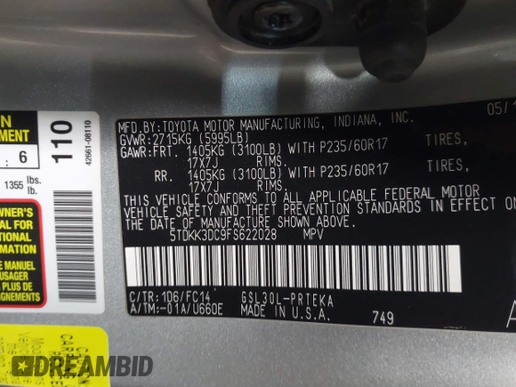 2015 Toyota Sienna LE AAS with VIN 5TDKK3DC9FS622028, listed as a IAAI auction lot 42740303 with 132,529 mi miles and . Bid and sale history available at DreamBid. Image 9.