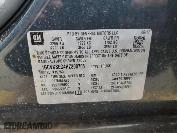 2017 Chevrolet Silverado 1500 LTZ with VIN 1GCVKSEC4HZ390705, listed as a Copart auction lot 68394034 with 216,241 mi miles and Salvage Title. Bid and sale history available at carsss.com. Image 14.