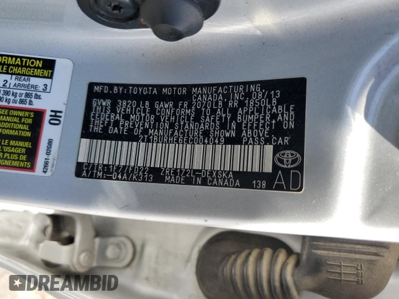 2014 Toyota Corolla L with VIN 2T1BURHE6EC004049, listed as a Copart auction lot 58801465 with 116,587 mi miles and Salvage title. Bid and sale history available at DreamBid. Image 12.