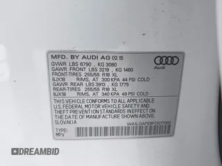 2015 Audi Q7 Premium Plus with VIN WA1LGAFE8FD017092, listed as a IAAI auction lot 42073593 with 105,593 mi miles and . Bid and sale history available at DreamBid. Image 9.
