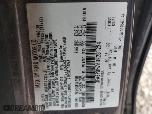 2013 Ford Fusion SE with VIN 3FA6P0H76DR281224, listed as a Copart auction lot 58154575 with 158,184 mi miles and Salvage title. Bid and sale history available at DreamBid. Image 12.