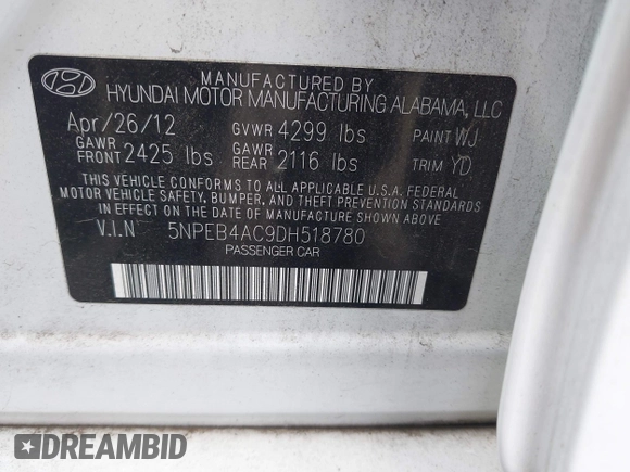 2013 Hyundai Sonata GLS z VIN 5NPEB4AC9DH518780, wystawiony jako IAAI lot #42370113 z przebiegiem 155 928 mil mil oraz . Historia ofert i sprzedaży dostępna na DreamBid. Obrazek 9.