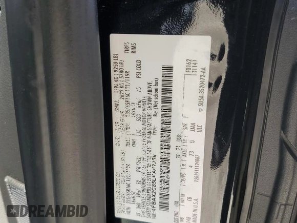 2020 Ford Transit Passenger XL with VIN 1FBAX2C85LKA07259, listed as a Copart auction lot 54928325 with 114,482 mi miles and Salvage title. Bid and sale history available at DreamBid. Image 14.