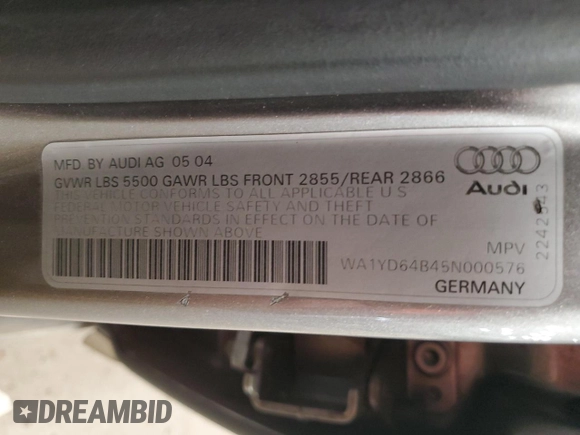 2005 Audi allroad A6 V8 with VIN WA1YD64B45N000576, listed as a Copart auction lot 81767684 with 146,848 mi miles and Salvage Title. Bid and sale history available at DreamBid. Image 13.