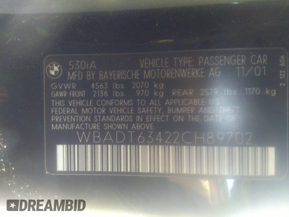 2002 BMW 5 Series 530iA with VIN WBADT63422CH89702, listed as a IAAI auction lot 40955640 with 188,009 mi miles. Bid and sale history available at carsss.com. Image 9.