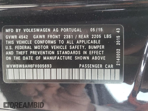 2015 Volkswagen Eos Komfort with VIN WVWBW8AH6FV005693, listed as a Copart auction lot 79176614 with 106,556 mi miles and Salvage Title. Bid and sale history available at DreamBid. Image 15.
